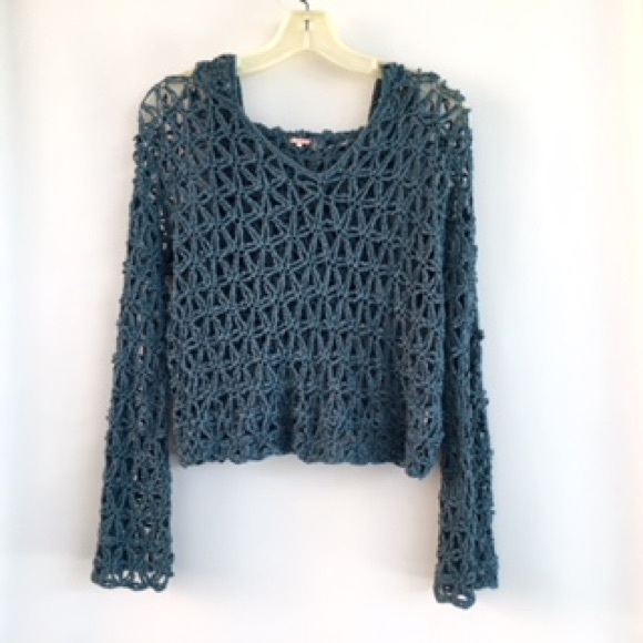 Free People Sweaters - Free People Crochet Hoodie Cropped Sweater Blue Sm